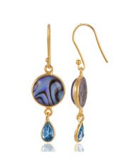 Mother Of  Pearl Natural Abalone Shell and Blue Topaz Unique Combination Gold Vermeil 925 Sterling Silver Earring