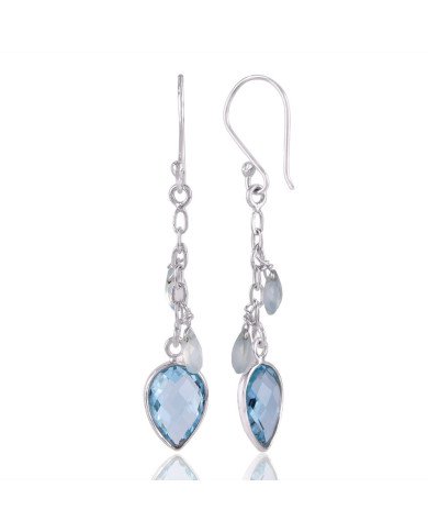 Natural Blue Topaz Briolet Checker Cut Natural Gemstone and 925 Sterling Silver Earring