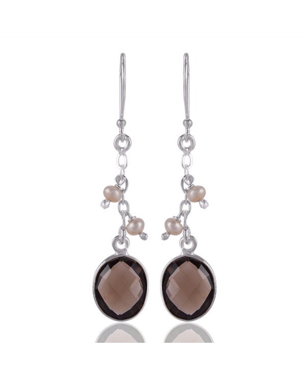 Smokey Quartz and Fresh Water Pearl Sterling Silver Dangle Drop Earring