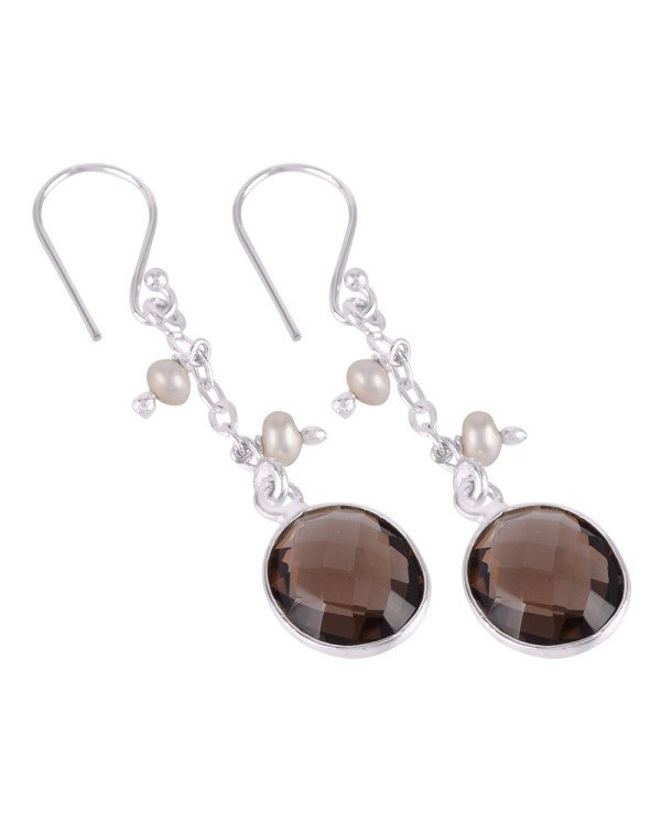 Smokey Quartz and Fresh Water Pearl Sterling Silver Dangle Drop Earring