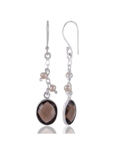 Smokey Quartz and Fresh Water Pearl Sterling Silver Dangle Drop Earring
