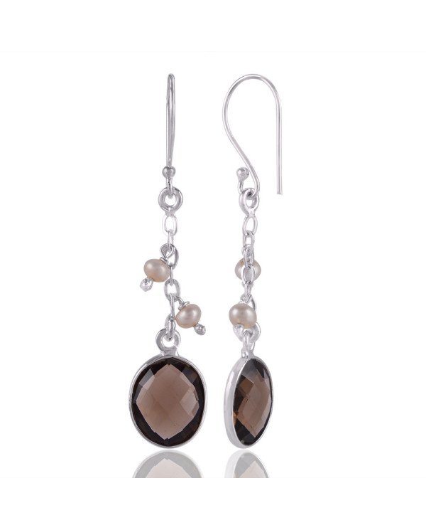 Smokey Quartz and Fresh Water Pearl Sterling Silver Dangle Drop Earring