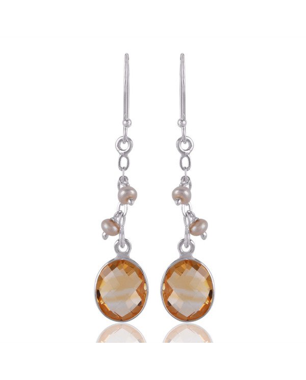 Citrine & Pearl Drop Earrings | 925 Silver Handmade Gemstone Jewelry