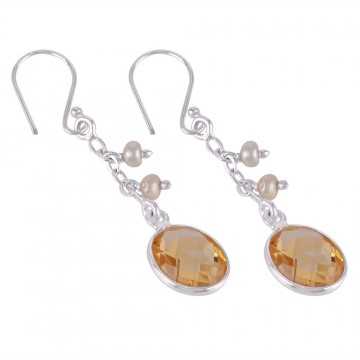 Natural Citrine and Fresh Water Pearl Sterling Silver Dangle Drop Earring