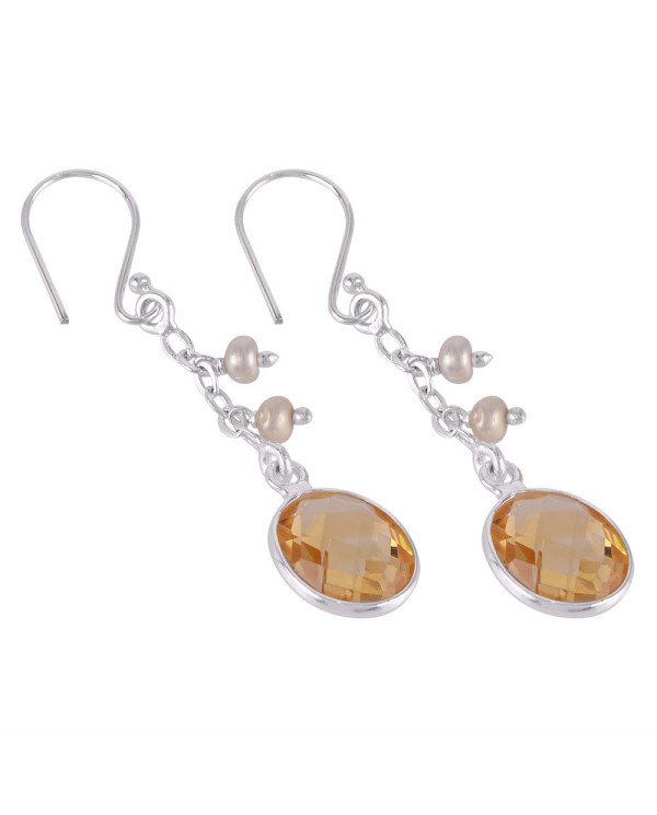 Citrine & Pearl Drop Earrings | 925 Silver Handmade Gemstone Jewelry