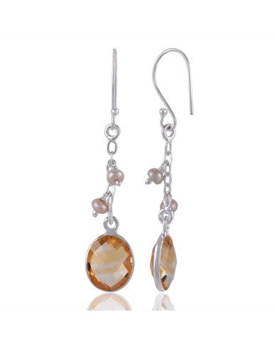 Natural Citrine and Fresh Water Pearl Sterling Silver Dangle Drop Earring