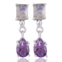 Moonstone and Amethyst Natural Gemstone Sterling Silver Handmade Earring