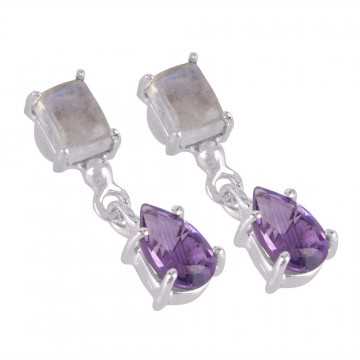 Moonstone and Amethyst Natural Gemstone Sterling Silver Handmade Earring