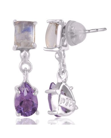 Moonstone and Amethyst Natural Gemstone Sterling Silver Handmade Earring