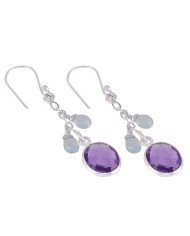 Sterling Silver And Amethyst with Onyx Gemstone Dangle Drop Earring