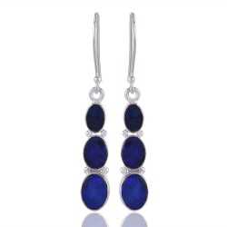 Rare Blue Doublet Opal Three Stone 925 Sterling Silver Earring