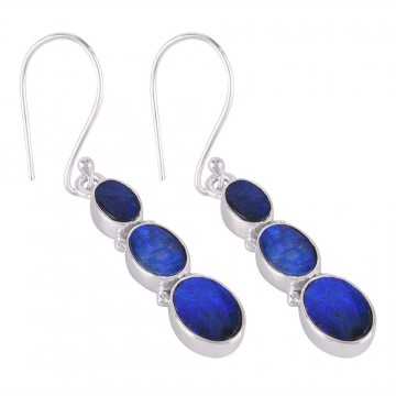 Rare Blue Doublet Opal Three Stone 925 Sterling Silver Earring