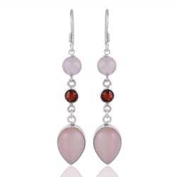 Natural Pink Opal Rose Quartz And Garnet Gemstone Silver Earring