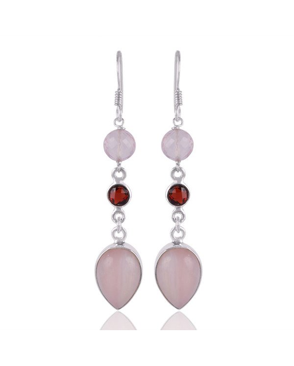 Natural Pink Opal Rose Quartz And Garnet Gemstone Silver Earring