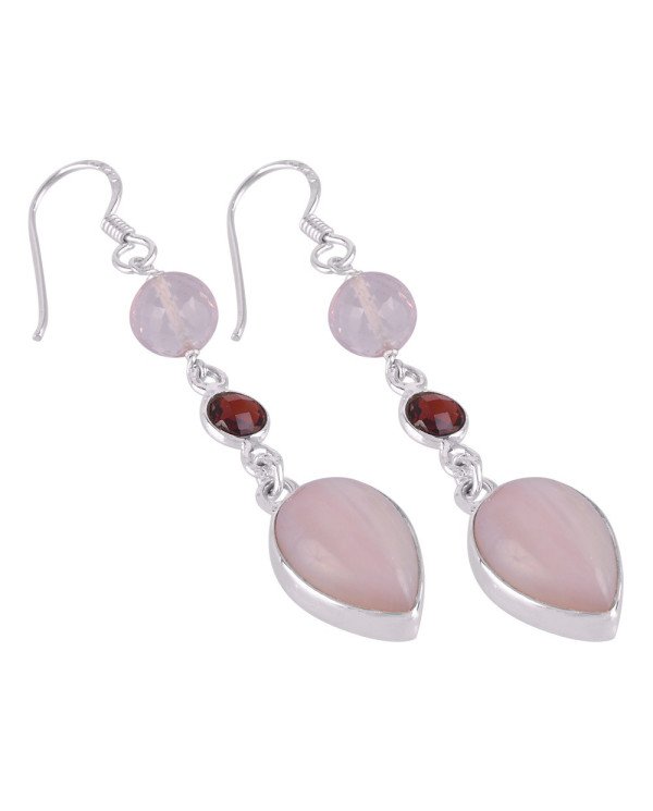 Natural Pink Opal Rose Quartz And Garnet Gemstone Silver Earring