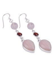 Natural Pink Opal Rose Quartz And Garnet Gemstone Silver Earring