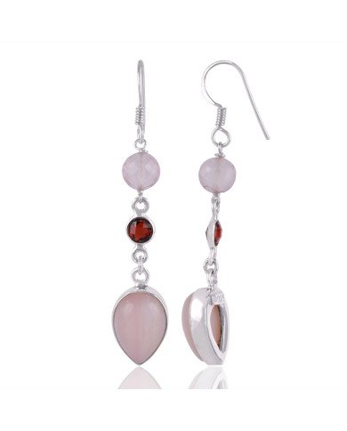 Natural Pink Opal Rose Quartz And Garnet Gemstone Silver Earring