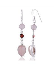 Natural Pink Opal Rose Quartz And Garnet Gemstone Silver Earring