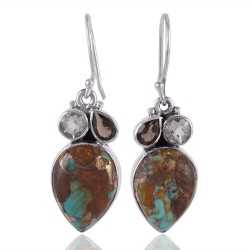 Boulder Turquoise Green Amethyst and Smokey Quartz Sterling Silver Earrings