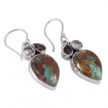 Boulder Turquoise Green Amethyst and Smokey Quartz Sterling Silver Earrings