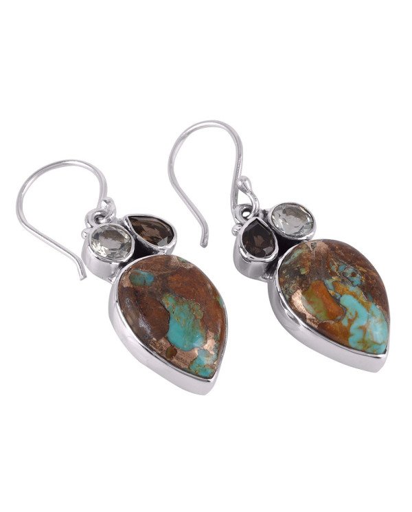 Boulder Turquoise Green Amethyst and Smokey Quartz Sterling Silver Earrings