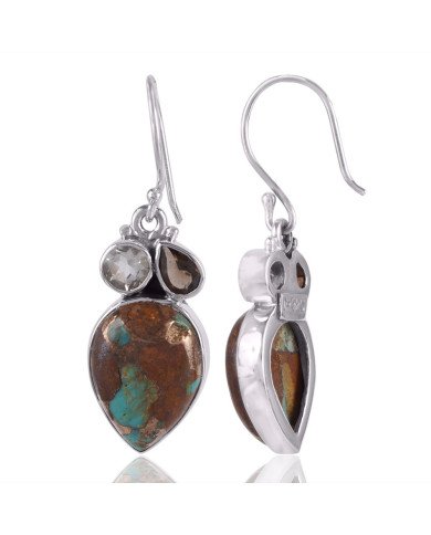 Boulder Turquoise Green Amethyst and Smokey Quartz Sterling Silver Earrings