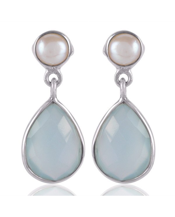 Blue Onyx with Natural Fresh Water Pearl and 925 Sterling Silver Post Earring