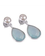 Blue Onyx with Natural Fresh Water Pearl and 925 Sterling Silver Post Earring