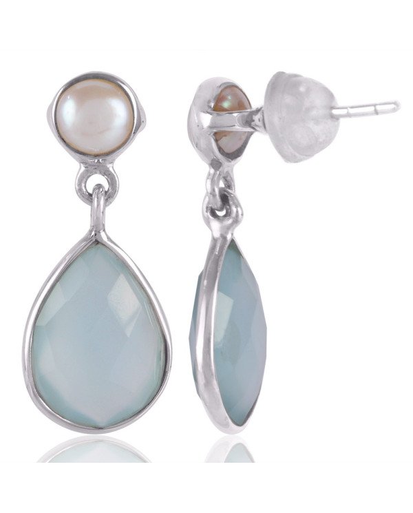 Blue Onyx with Natural Fresh Water Pearl and 925 Sterling Silver Post Earring