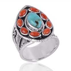 Arizona Turquoise and Coral Cab Gemstone Sterling Silver Ring