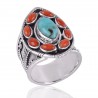 Arizona Turquoise and Coral Cab Gemstone Sterling Silver Ring