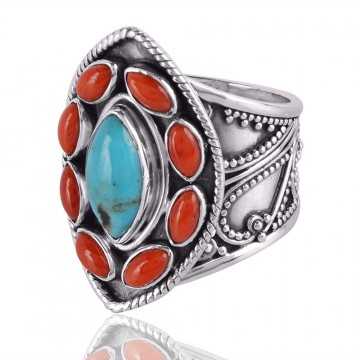 Arizona Turquoise and Coral Cab Gemstone Sterling Silver Ring