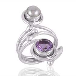 Amethyst & Pearl Gemstone 925 Sterling Silver Ring