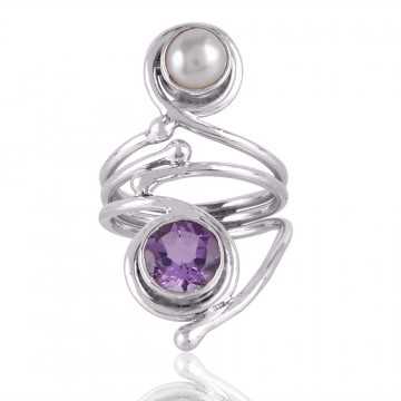 Amethyst & Pearl Gemstone 925 Sterling Silver Ring