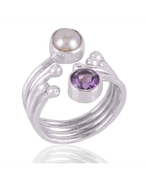 Amethyst and Pearl Gemstone Sterling Silver Ring