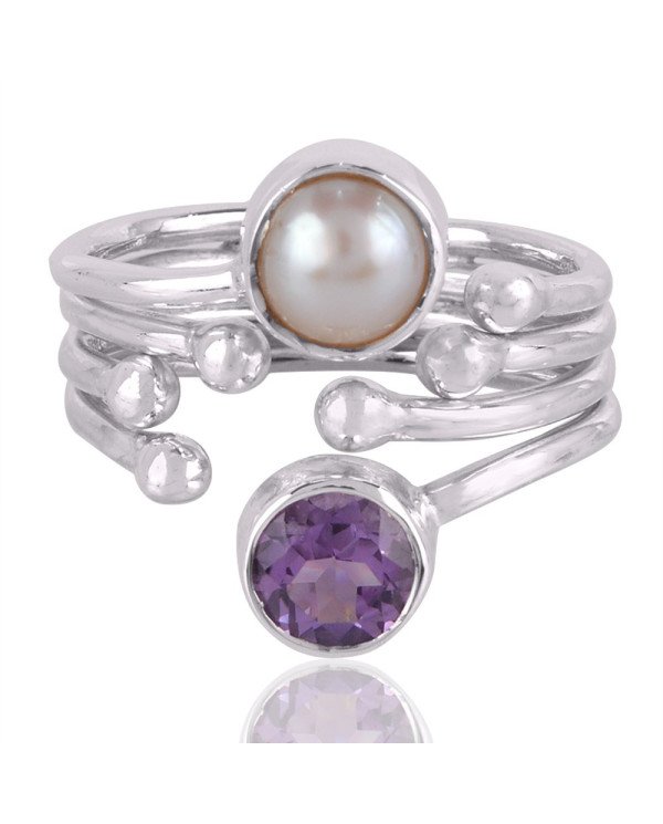 Amethyst and Pearl Gemstone Sterling Silver Ring