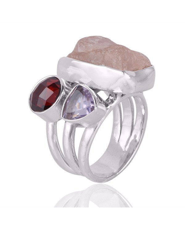Garnet Pink Amethyst and Rose Quartz Gemstone Sterling Silver Ring