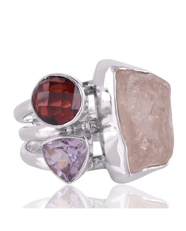Garnet Pink Amethyst and Rose Quartz Gemstone Sterling Silver Ring