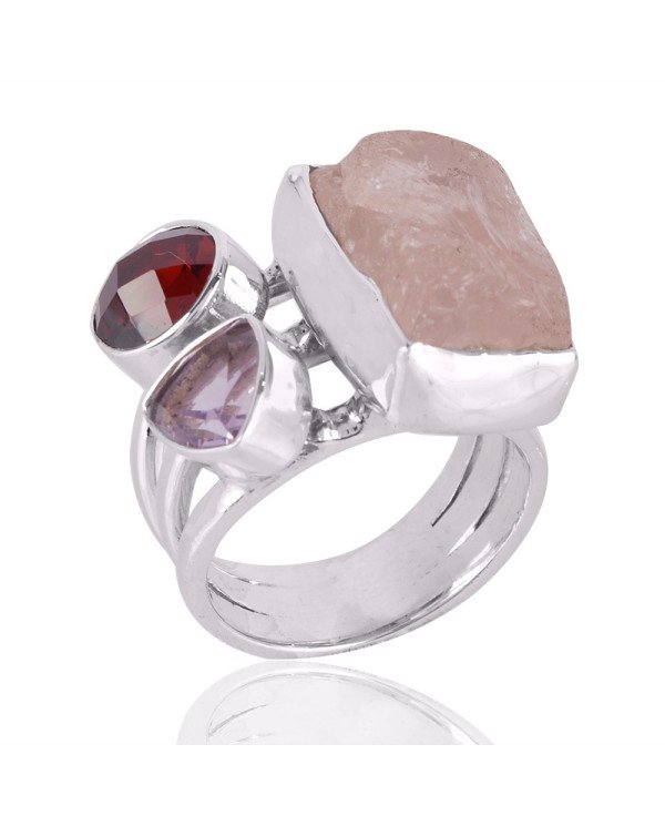Garnet Pink Amethyst and Rose Quartz Gemstone Sterling Silver Ring