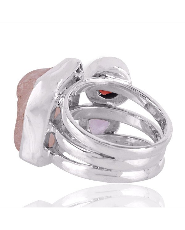 Garnet Pink Amethyst and Rose Quartz Gemstone Sterling Silver Ring
