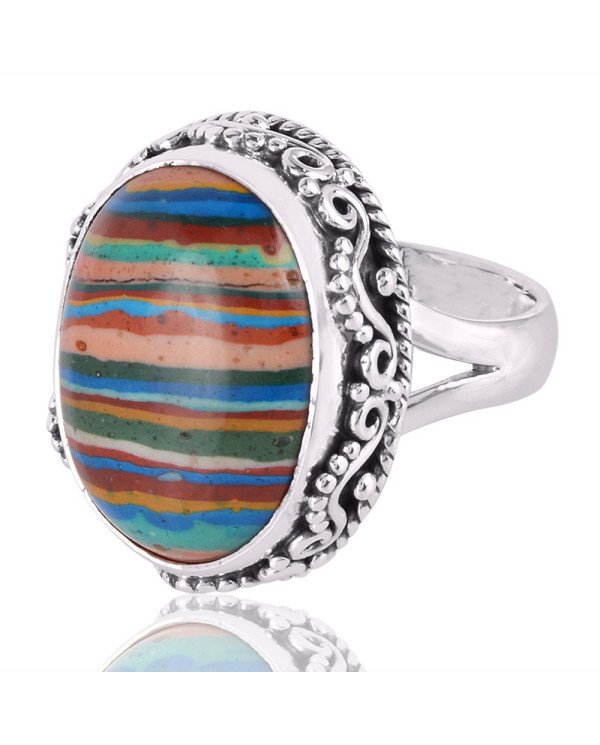 Rainbow Calsilica Gemstone 925 Sterling Silver Ring