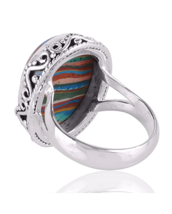 Rainbow Calsilica Gemstone 925 Sterling Silver Ring