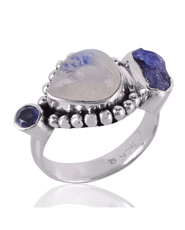 Iolite Rainbow Moonstone and Tanzanite Rough Sterling Silver Ring