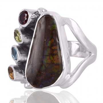 Ammolite Citrine Garnet Peridot and Swiss Blue Topaz Gemstone Ring
