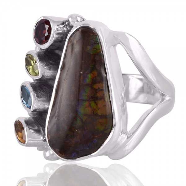 Ammolite Citrine Garnet Peridot and Swiss Blue Topaz Gemstone Ring