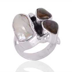 Ammolite and Biwa Pearl Gemstone Sterling Silver Ring