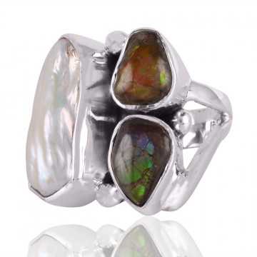 Ammolite and Biwa Pearl Gemstone Sterling Silver Ring