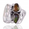 Ammolite and Biwa Pearl Gemstone Sterling Silver Ring