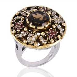 Pink Cubic Zirconia Smoky Quartz and White Cubic Zirconia Gemstone Ring