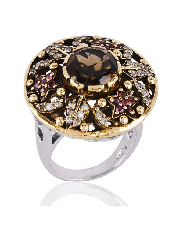 Pink Cubic Zirconia Smoky Quartz and White Cubic Zirconia Gemstone Ring